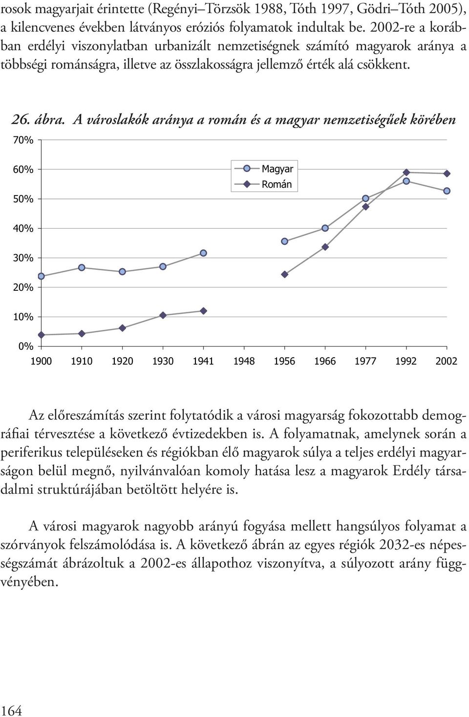 A városlakók aránya a román és a magyar nemzetiségűek körében 70% 60% 50% Magyar Román 40% 30% 20% 10% 0% 1900 1910 1920 1930 1941 1948 1956 1966 1977 1992 2002 Az előreszámítás szerint folytatódik a