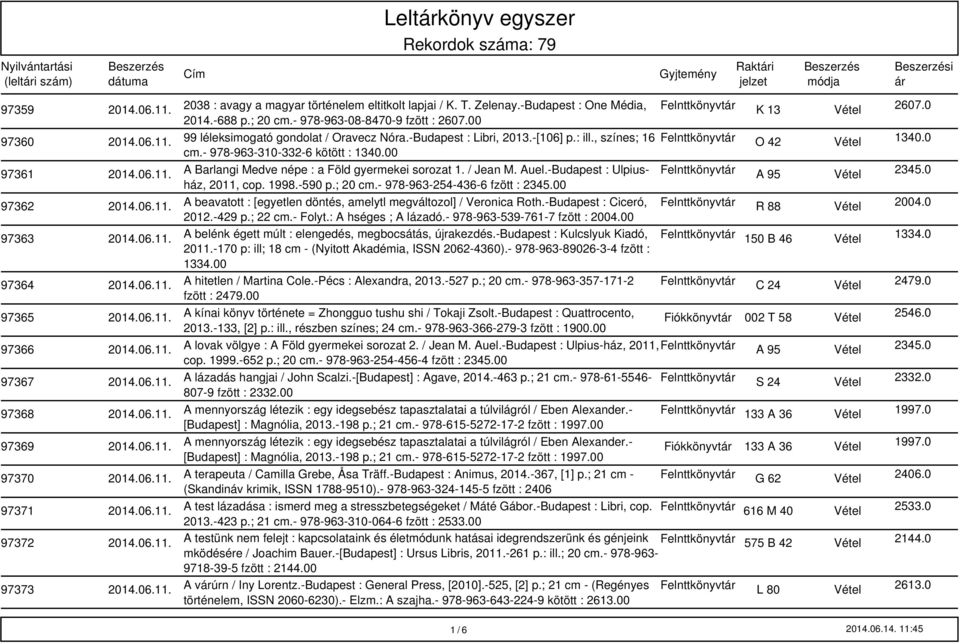 - 978-963-310-332-6 kötött : 1340.00 97361 A Barlangi Medve népe : a Föld gyermekei sorozat 1. / Jean M. Auel.-Budapest : Ulpiusház, 2011, cop. 1998.-590 p.; 20 cm.- 978-963-254-436-6 fzött : 2345.