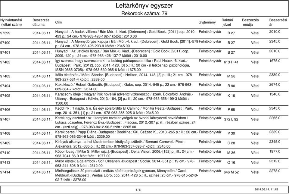 - 978-963-426-203-9 kötött : 2345.00 97401 Hunyadi : Az üstökös lángja / Bán Mór.-6. kiad..-[debrecen] : Gold Book, [2011] cop. Felnttkönyvt B 27 Vétel 2010.0 2009.-420 p.; 24 cm.