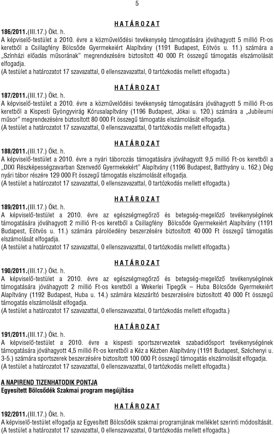 keretből a Kispesti Gyöngyvirág Kórusalapítvány (1196 Budapest, Jókai u. 120.) számára a Jubileumi műsor megrendezésére biztosított 80 000 Ft összegű támogatás elszámolását elfogadja. 188/2011.(III.