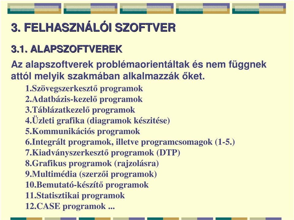 Szövegszerkesztő programok 2.Adatbázis-kezelő programok 3.Táblázatkezelő programok 4.Üzleti grafika (diagramok készitése) 5.