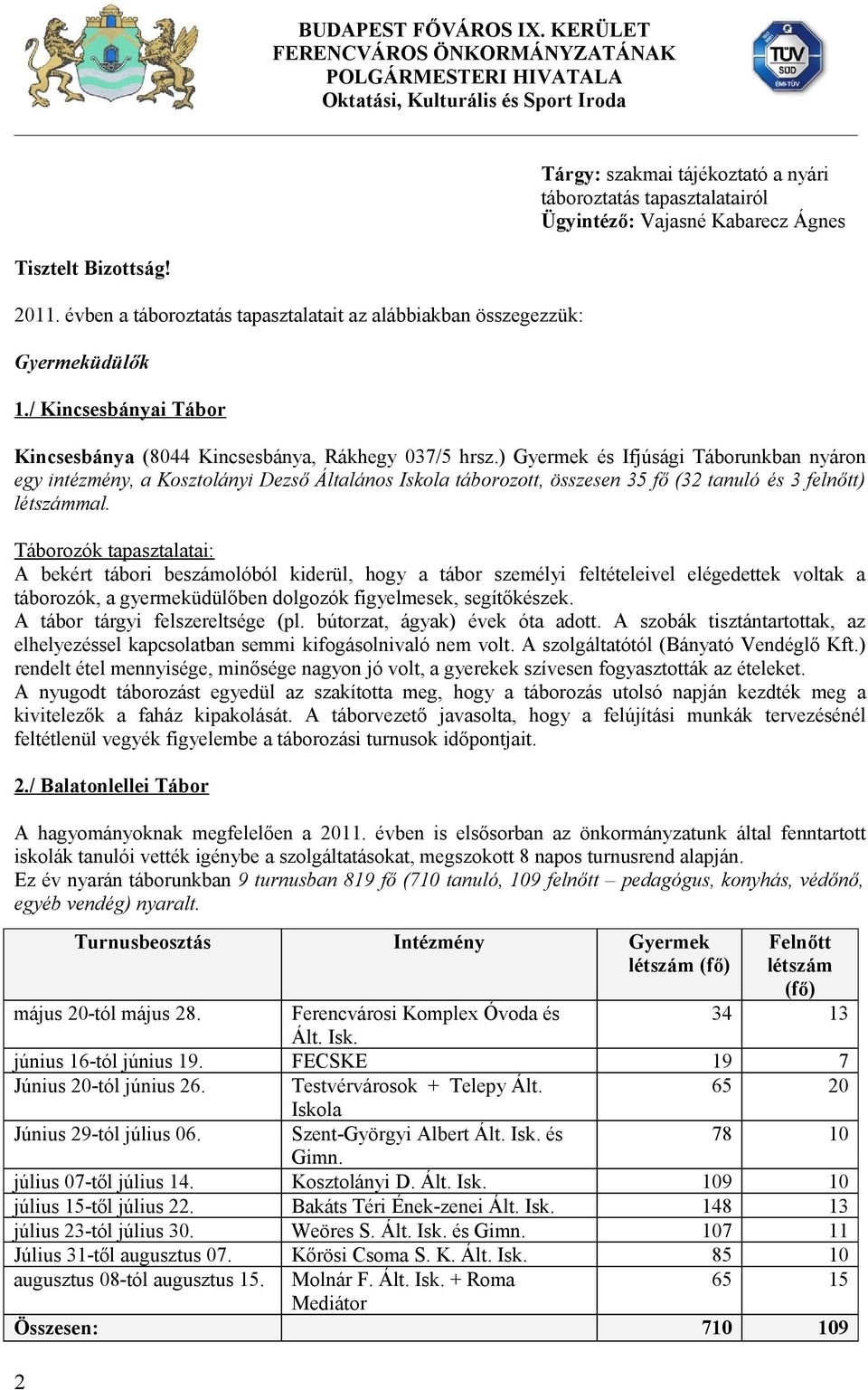 Tisztelt Bizottság! 2011. évben a táboroztatás tapasztalatait az alábbiakban összegezzük: Gyermeküdülők 1./ Kincsesbányai Tábor Kincsesbánya (8044 Kincsesbánya, Rákhegy 037/5 hrsz.