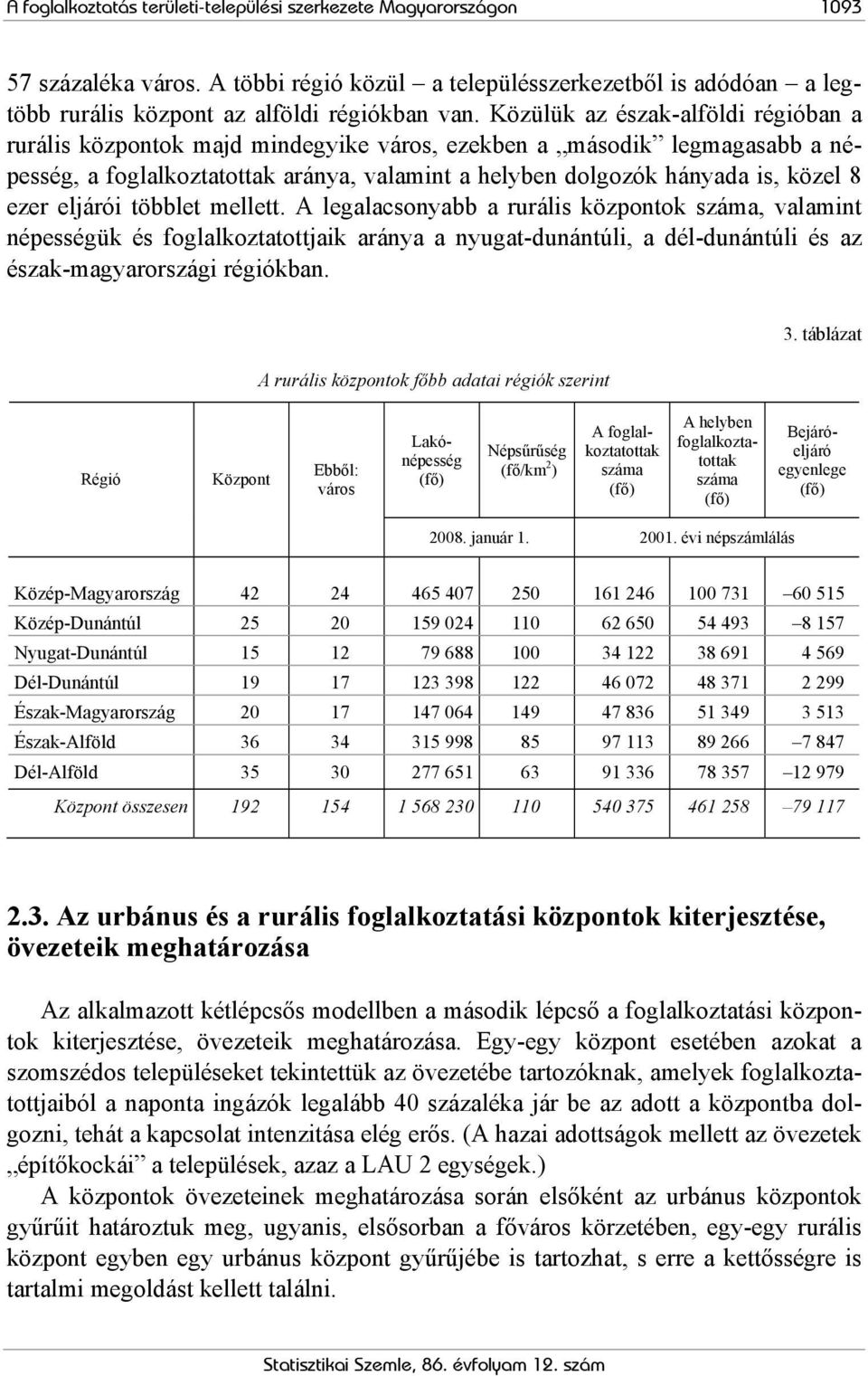 eljárói többlet mellett. A legalacsonyabb a rurális központok száma, valamint népességük és foglalkoztatottjaik aránya a nyugat-dunántúli, a dél-dunántúli és az észak-magyarországi régiókban.