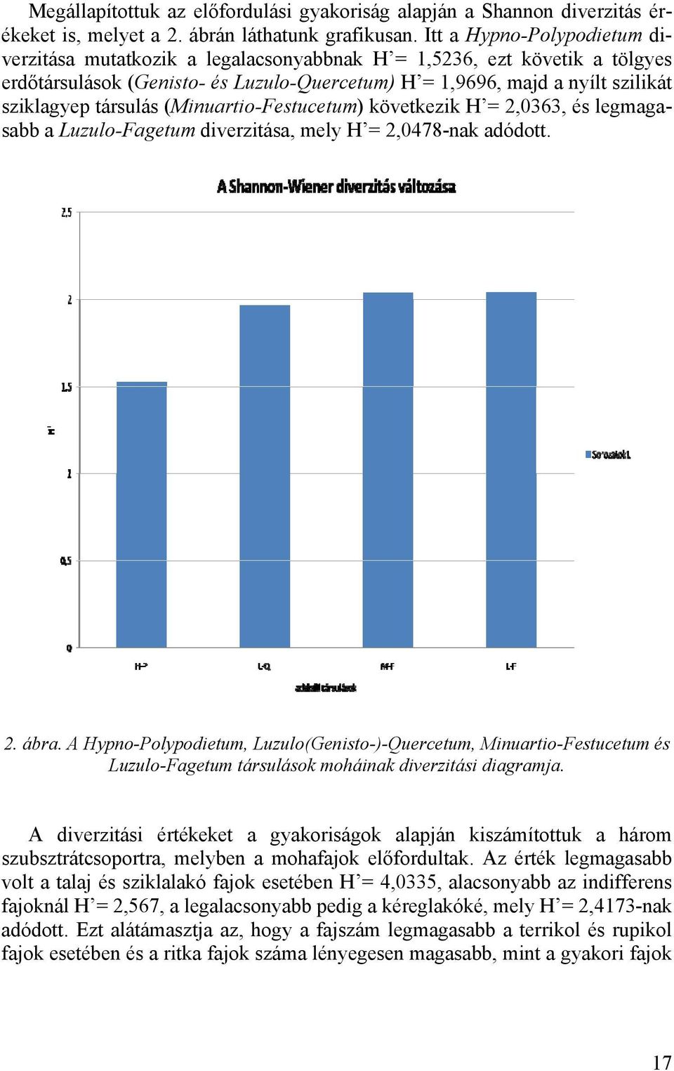társulás (Minuartio-Festucetum) következik H = 2,0363, és legmagasabb a Luzulo-Fagetum diverzitása, mely H = 2,0478-nak adódott. 2. ábra.
