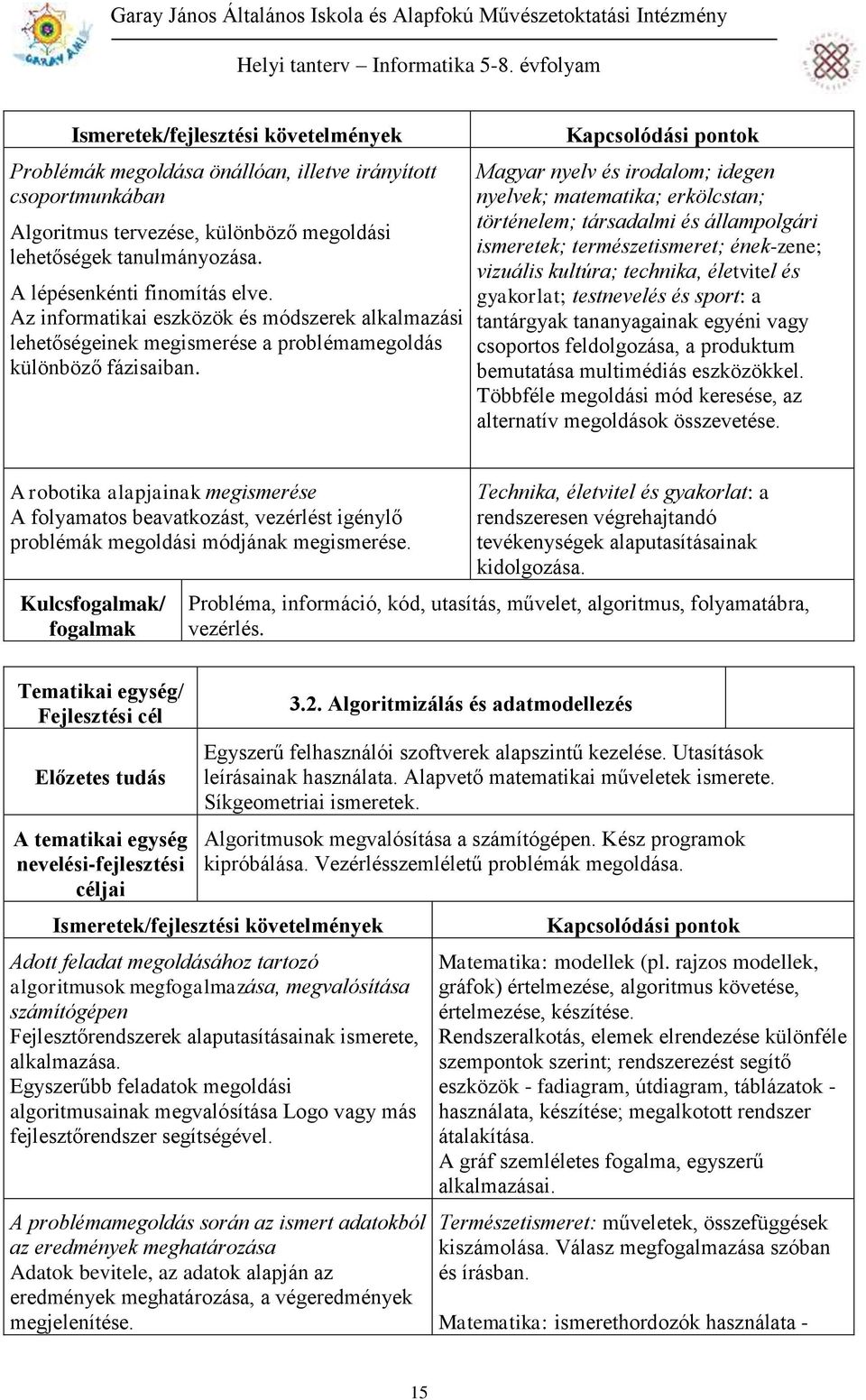 Magyar nyelv és irodalom; idegen nyelvek; matematika; erkölcstan; történelem; társadalmi és állampolgári ismeretek; természetismeret; ének-zene; vizuális kultúra; technika, életvitel és gyakorlat;