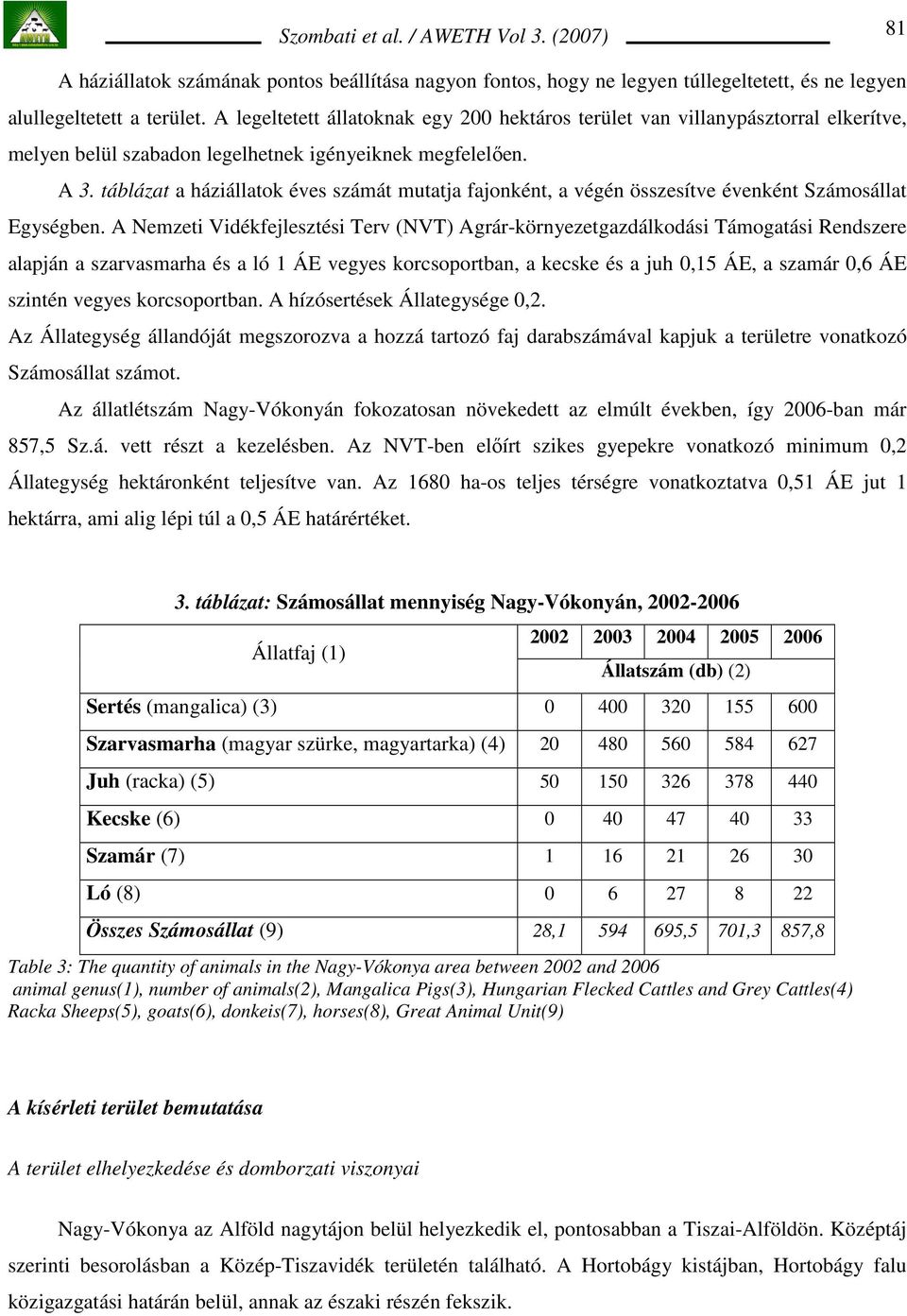 táblázat a háziállatok éves számát mutatja fajonként, a végén összesítve évenként Számosállat Egységben.