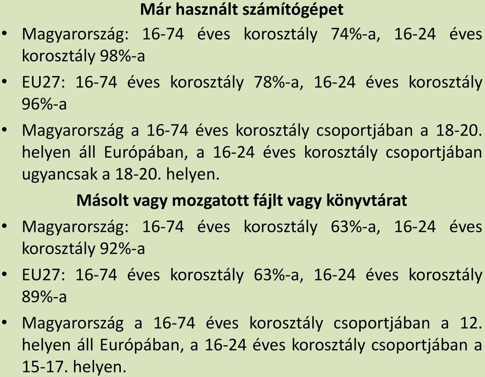 áll Európában, a 6-24 éves korosztály csoportjában ugyancsak a 8-20. helyen.