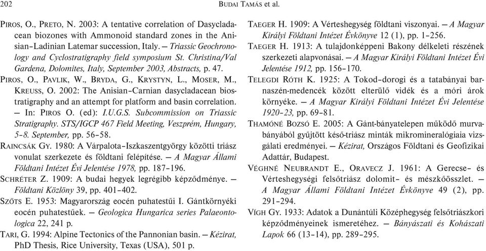 , KREUSS, O. 2002: The Anisian Carnian dasycladacean biostratigraphy and an attempt for platform and basin correlation. In: PIROS O. (ed): I.U.G.S. Subcommission on Triassic Stratigraphy.