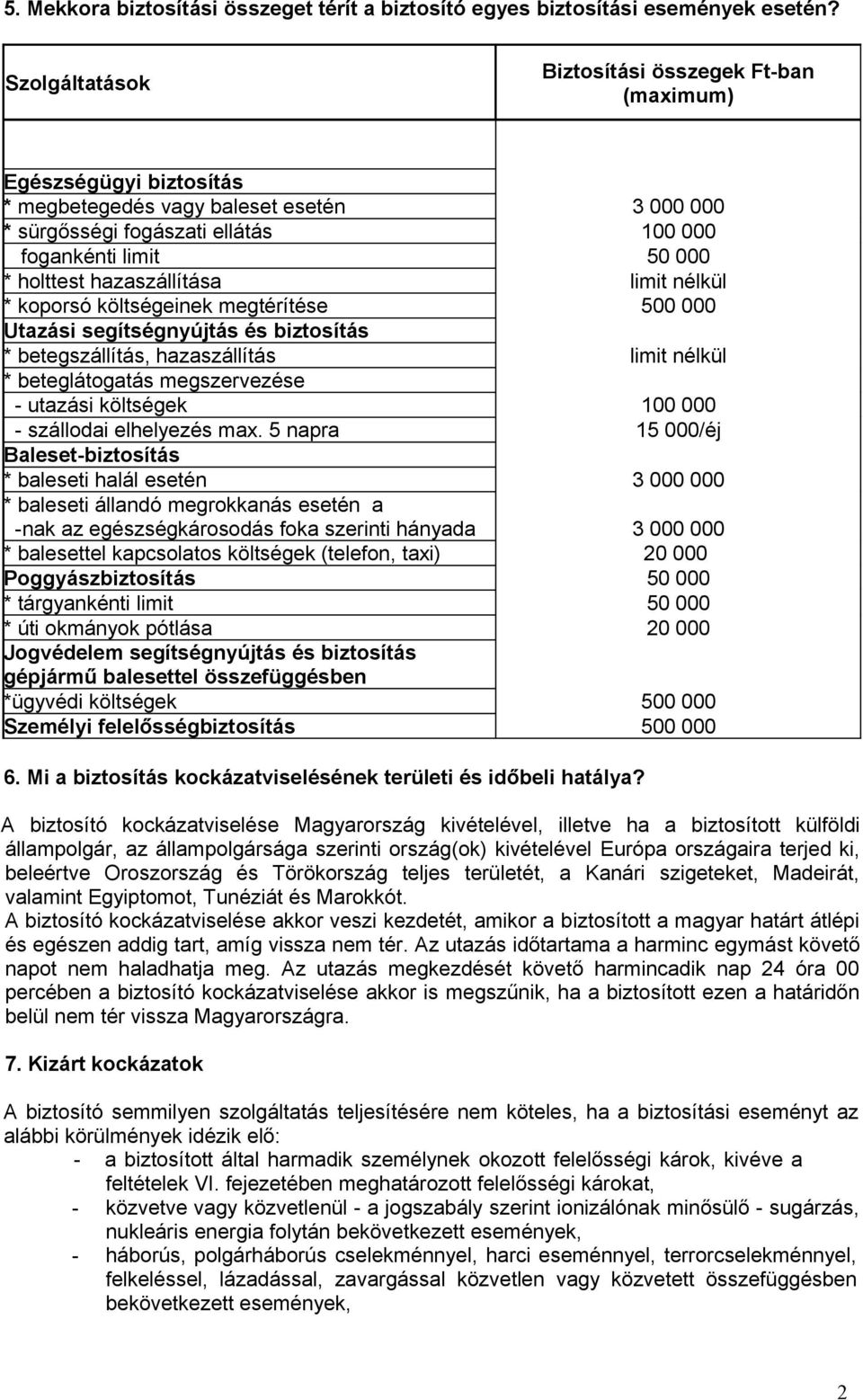 hazaszállítása limit nélkül * koporsó költségeinek megtérítése 500 000 Utazási segítségnyújtás és biztosítás * betegszállítás, hazaszállítás limit nélkül * beteglátogatás megszervezése - utazási