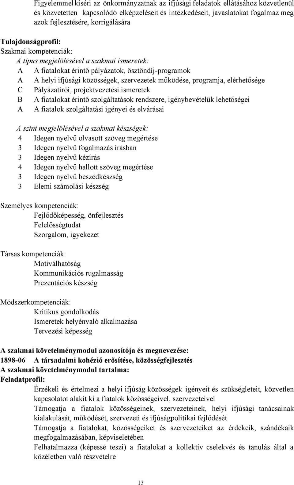 működése, programja, elérhetősége C Pályázatírói, projektvezetési ismeretek A fiatalokat érintő szolgáltatások rendszere, igénybevételük lehetőségei A A fiatalok szolgáltatási igényei és elvárásai A