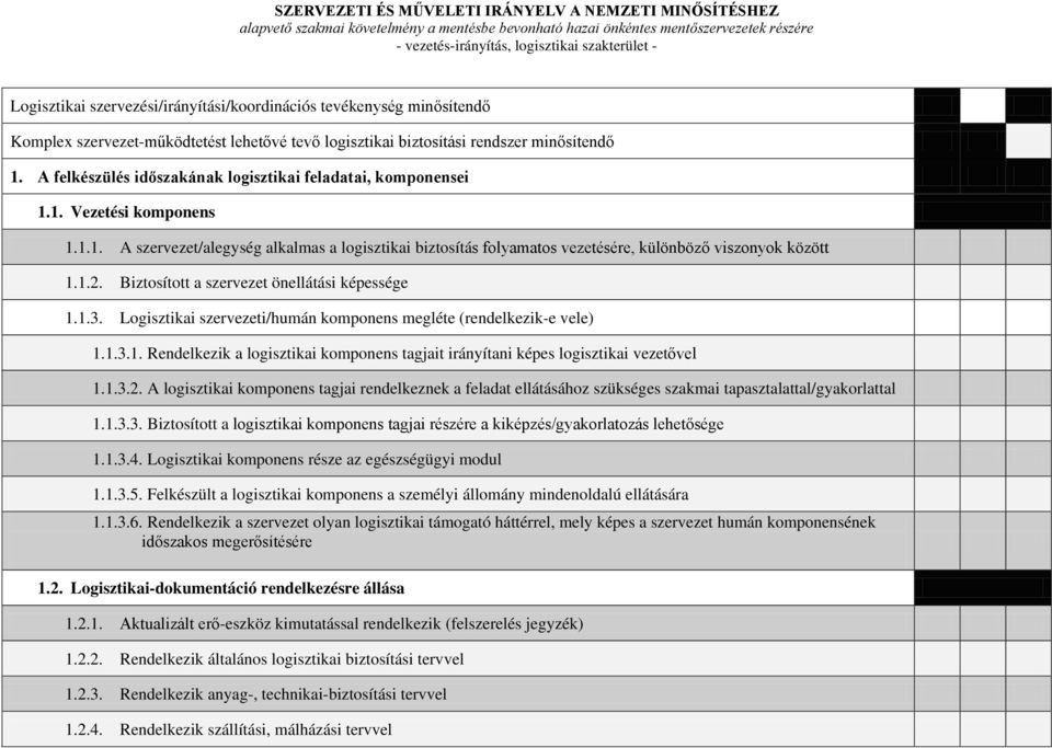 1.2. Biztosított a szervezet önellátási képessége 1.1.3. Logisztikai szervezeti/humán komponens megléte (rendelkezik-e vele) 1.1.3.1. Rendelkezik a logisztikai komponens tagjait irányítani képes logisztikai vezetővel 1.