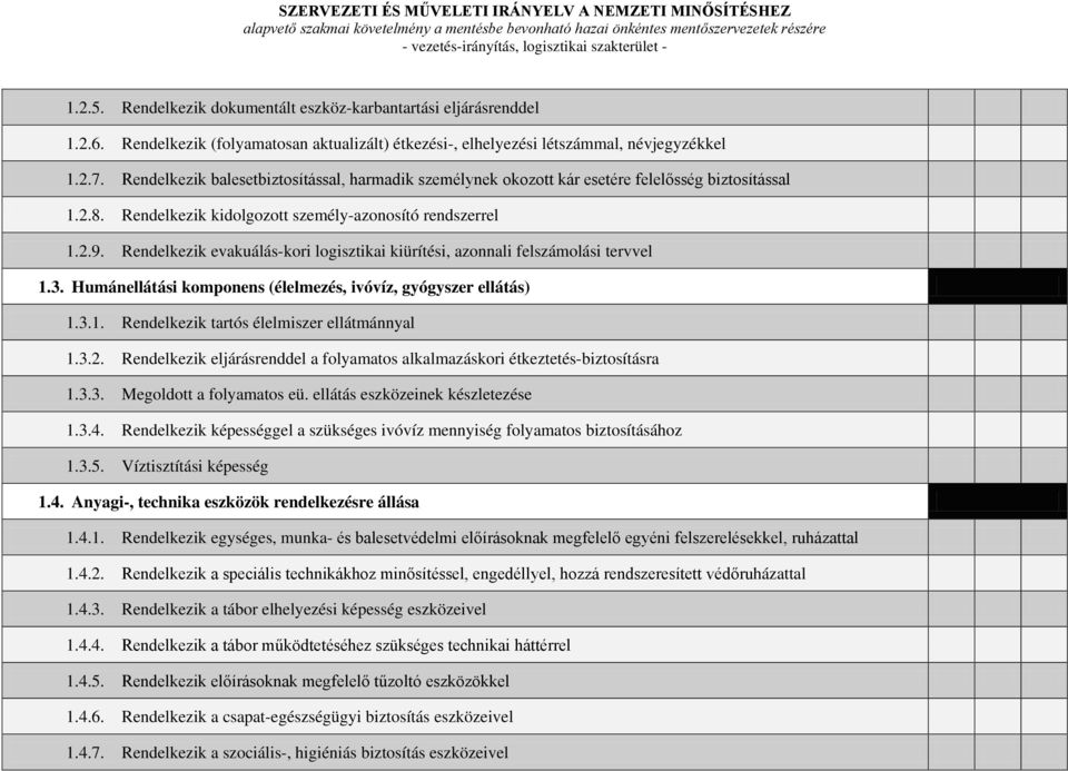 Rendelkezik evakuálás-kori logisztikai kiürítési, azonnali felszámolási tervvel 1.3. Humánellátási komponens (élelmezés, ivóvíz, gyógyszer ellátás) 1.3.1. Rendelkezik tartós élelmiszer ellátmánnyal 1.