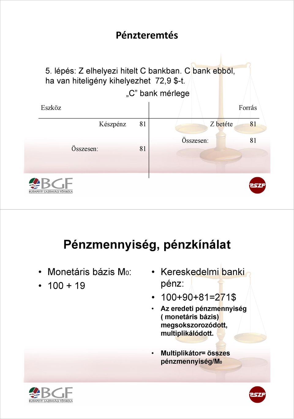 C bank mérlege Eszköz Forrás Készpénz 81 Összesen: 81 Z betéte 81 Összesen: 81 Pénzmennyiség,