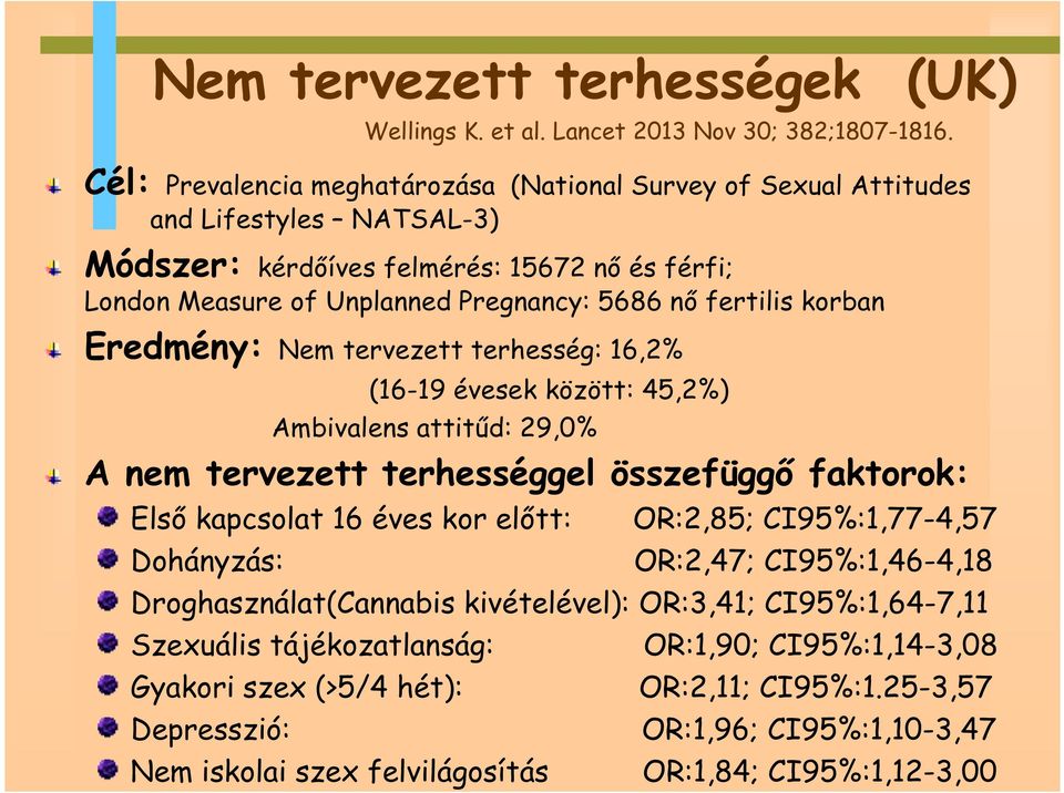 korban Eredmény: Nem tervezett terhesség: 16,2% (16-19 évesek között: 45,2%) Ambivalens attitűd: 29,0% A nem tervezett terhességgel összefüggő faktorok: Első kapcsolat 16 éves kor előtt: OR:2,85;