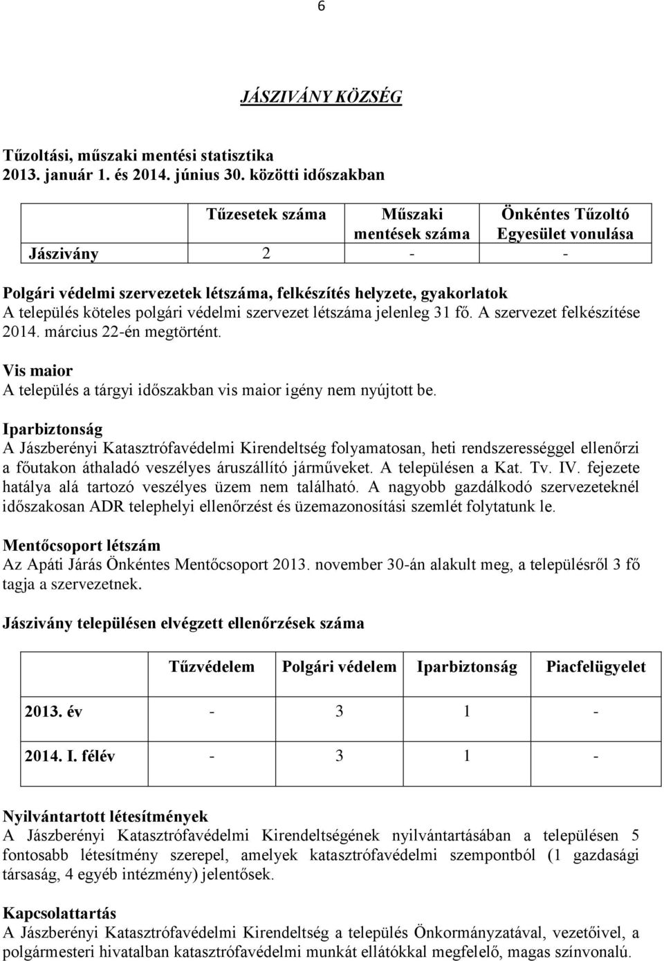 köteles polgári védelmi szervezet létszáma jelenleg 31 fő. A szervezet felkészítése 2014. március 22-én megtörtént. Vis maior A település a tárgyi időszakban vis maior igény nem nyújtott be.