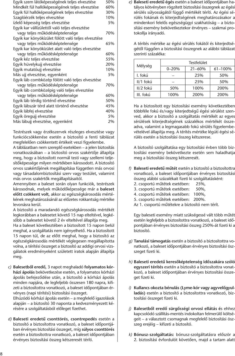 65% Egyik kar könyökízület alatt való teljes elvesztése vagy teljes működésképtelensége 60% Egyik kéz teljes elvesztése 55% Egyik hüvelykujj elvesztése 20% Egyik mutatóujj elvesztése 10% Más ujj