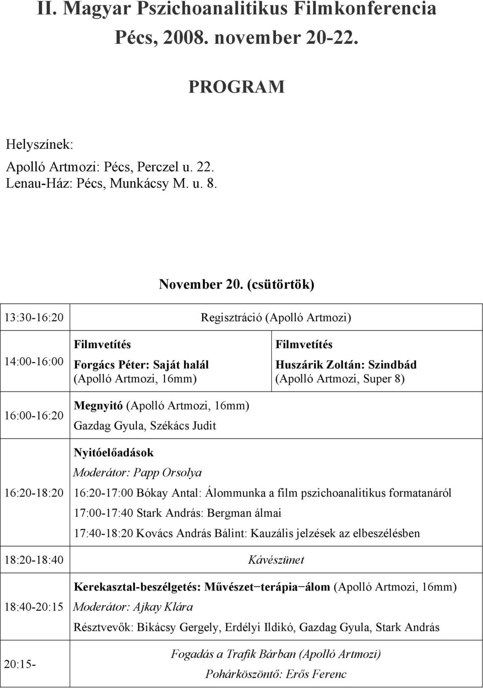 Zoltán: Szindbád (Apolló Artmozi, Super 8) 16:20-18:20 Nyitóelőadások Moderátor: Papp Orsolya 16:20-17:00 Bókay Antal: Álommunka a film pszichoanalitikus formatanáról 17:00-17:40 Stark András: