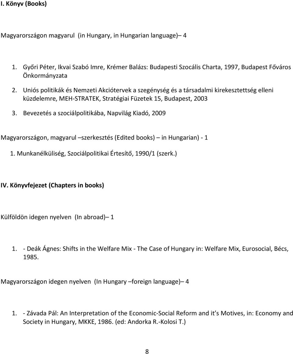 Bevezetés a szociálpolitikába, Napvilág Kiadó, 2009 Magyarországon, magyarul szerkesztés (Edited books) in Hungarian) - 1 1. Munkanélküliség, Szociálpolitikai Értesítő, 1990/1 (szerk.) IV.