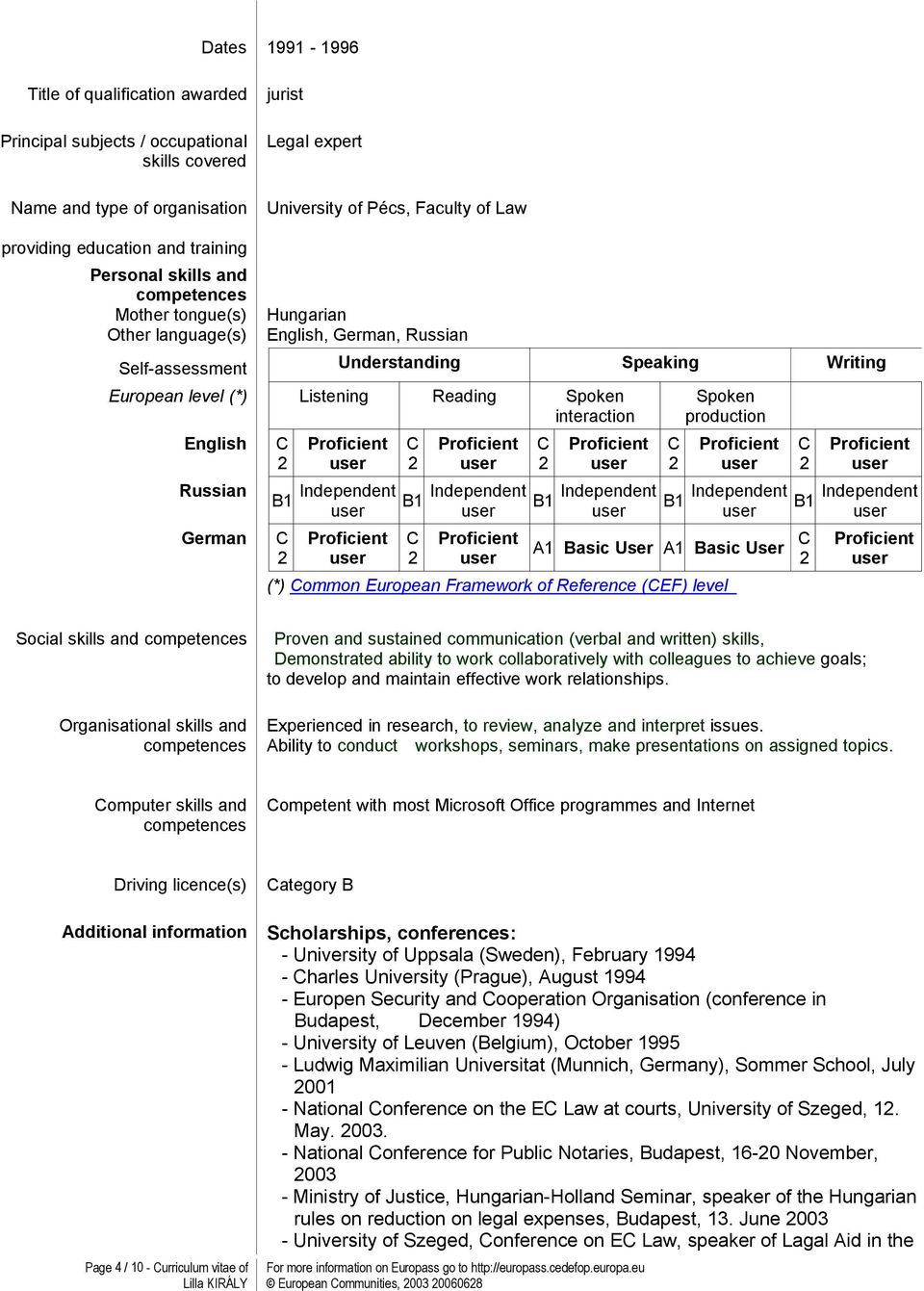 Listening Reading Spoken interaction English Russian German B1 Independent B1 Independent B1 Independent Spoken production B1 Independent A1 Basic User A1 Basic User (*) ommon European Framework of