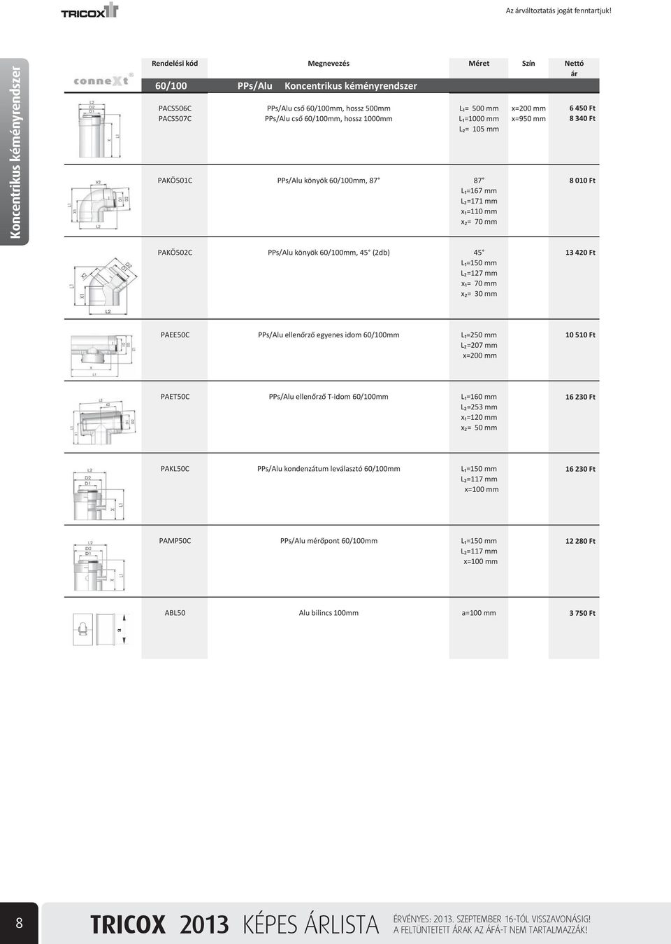 13 420 Ft PAEE50C PPs/Alu ellen rz egyenes idom 60/100mm L =250 mm L =207 mm x=200 mm 10 510 Ft PAET50C PPs/Alu ellen rz T-idom 60/100mm L =160 mm L =253 mm x =120 mm x = 50 mm 16 230 Ft PAKL50C