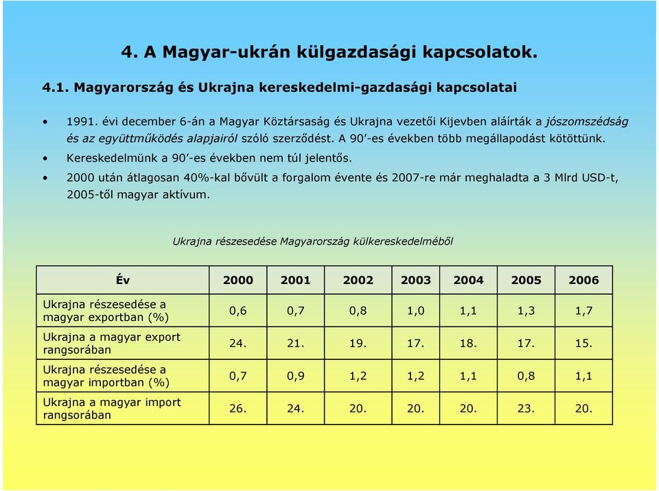 Kereskedelmünk a 90 -es években nem túl jelentıs. 2000 után átlagosan 40%-kal bıvült a forgalom évente és 2007-re már meghaladta a 3 Mlrd USD-t, 2005-tıl magyar aktívum.