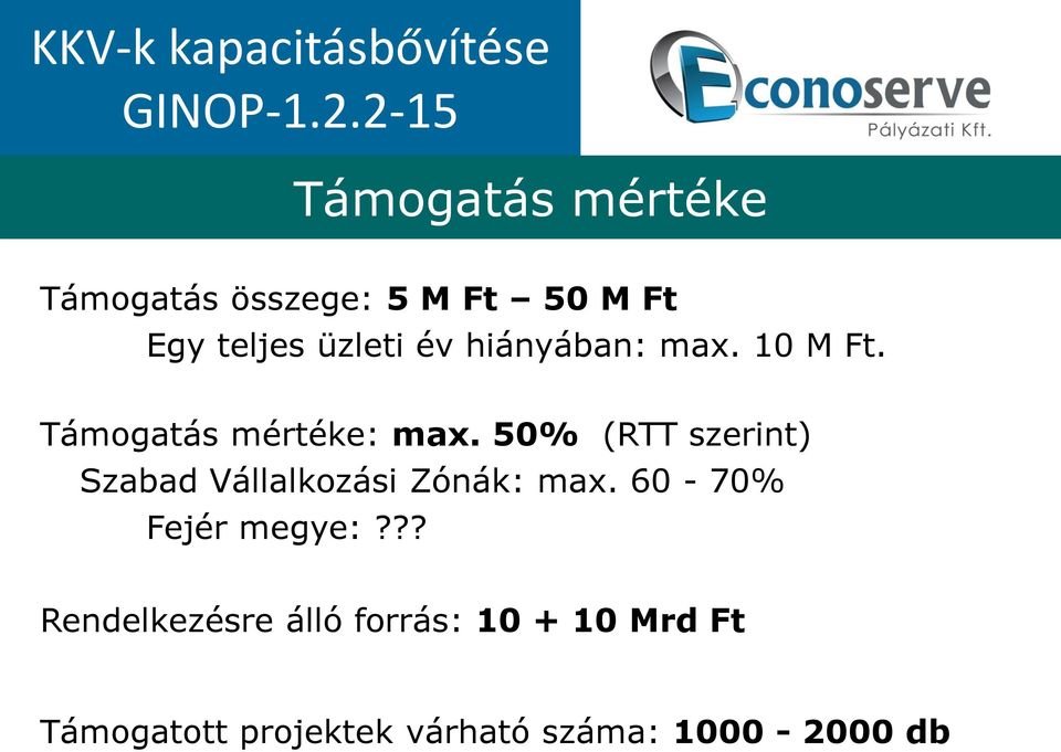 hiányában: max. 10 M Ft. Támogatás mértéke: max.