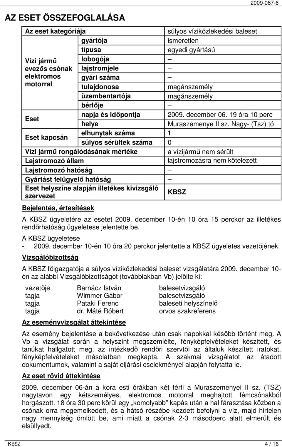 Nagy- (Tsz) tó elhunytak száma 1 súlyos sérültek száma 0 a vízijármő nem sérült lajstromozásra nem kötelezett Vízi jármő rongálódásának mértéke Lajstromozó állam Lajstromozó hatóság Gyártást