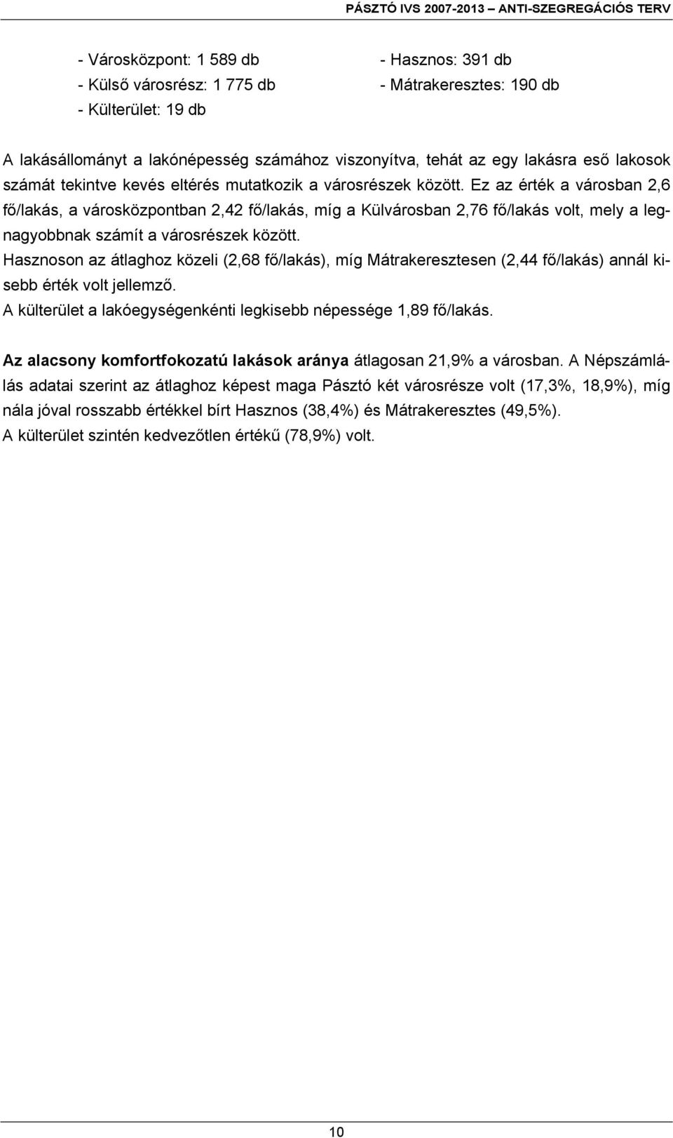 Ez az érték a városban 2,6 fő/lakás, a városközpontban 2,42 fő/lakás, míg a Külvárosban 2,76 fő/lakás volt, mely a legnagyobbnak számít a városrészek között.
