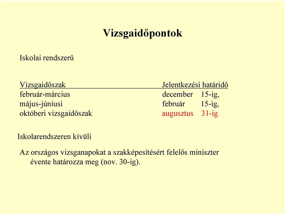 vizsgaidőszak augusztus 31-ig Iskolarendszeren kívüli Az országos