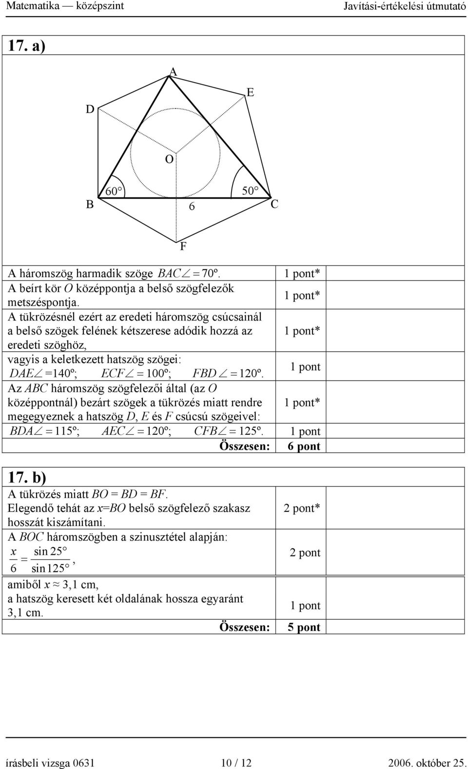 Az ABC háromszög szögfelezői által (az O középpontnál) bezárt szögek a tükrözés miatt rendre * megegyeznek a hatszög D, E és F csúcsú szögeivel: BDA = 115º; AEC = 10º; CFB = 15º. Összesen: 6 pont 17.