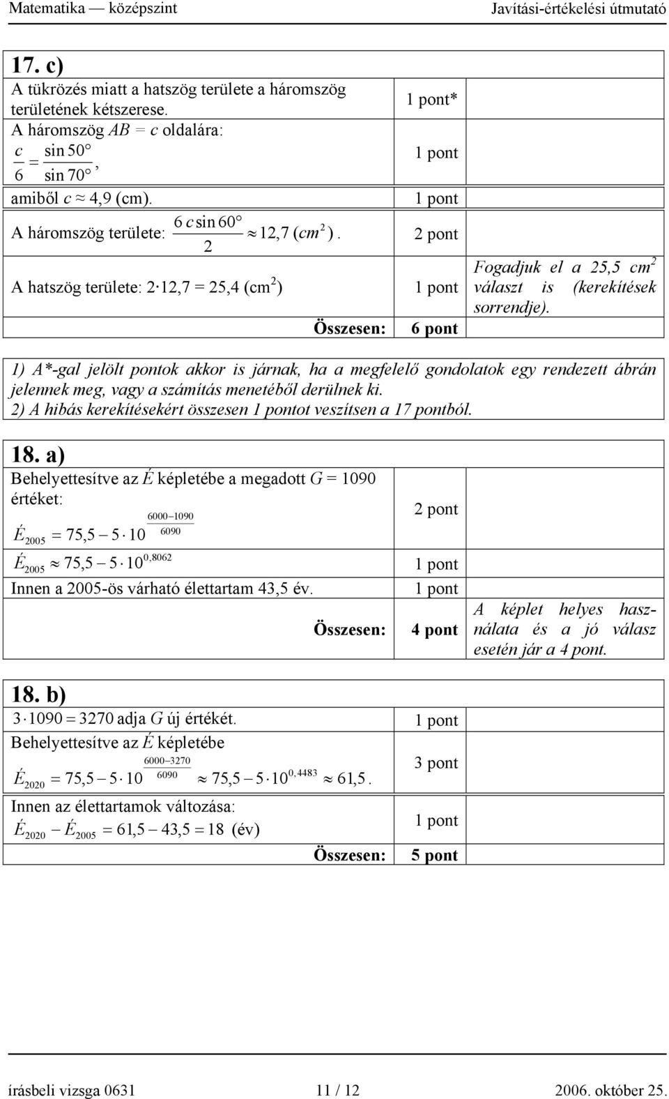 1) A*-gal jelölt pontok akkor is járnak, ha a megfelelő gondolatok egy rendezett ábrán jelennek meg, vagy a számítás menetéből derülnek ki. ) A hibás kerekítésekért összesen ot veszítsen a 17 pontból.
