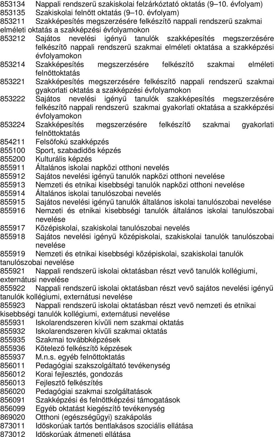 felkészítő nappali rendszerű szakmai elméleti oktatása a szakképzési évfolyamokon 853214 Szakképesítés megszerzésére felkészítő szakmai elméleti felnőttoktatás 853221 Szakképesítés megszerzésére