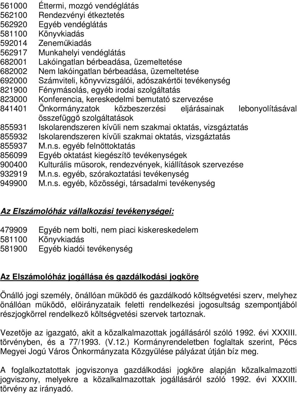 kereskedelmi bemutató szervezése 841401 Önkormányzatok közbeszerzési eljárásainak lebonyolításával összefüggő szolgáltatások 855931 Iskolarendszeren kívüli nem szakmai oktatás, vizsgáztatás 855932