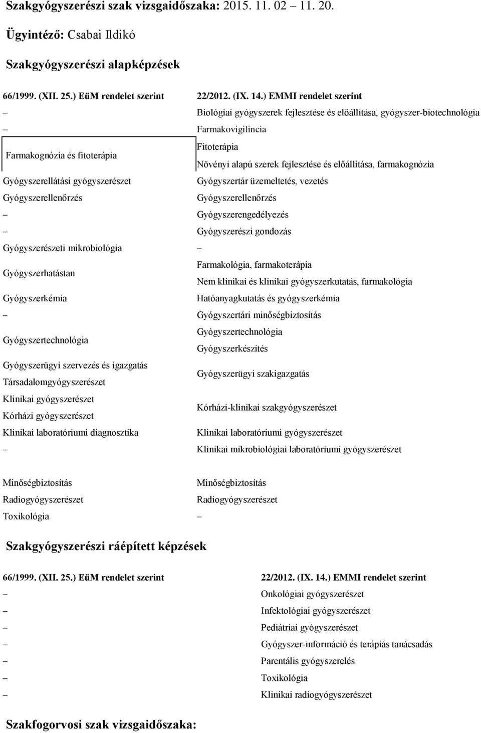 előállítása, farmakognózia Gyógyszerellátási gyógyszerészet Gyógyszertár üzemeltetés, vezetés Gyógyszerellenőrzés Gyógyszerellenőrzés Gyógyszerengedélyezés Gyógyszerészi gondozás Gyógyszerészeti