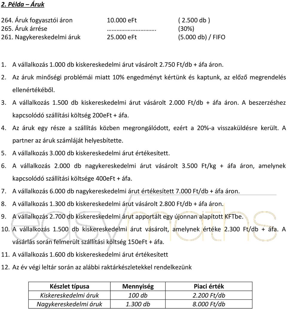 500 db kiskereskedelmi árut vásárolt 2.000 Ft/db + áfa áron. A beszerzéshez kapcsolódó szállítási költség 200eFt + áfa. 4.