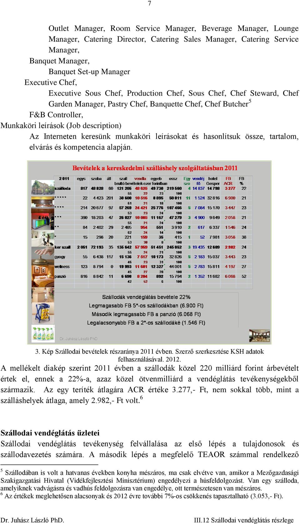 keresünk munkaköri leírásokat és hasonlítsuk össze, tartalom, elvárás és kompetencia alapján. 3. Kép Szállodai bevételek részaránya 2011 évben. Szerző szerkesztése KSH adatok felhasználásával. 2012.