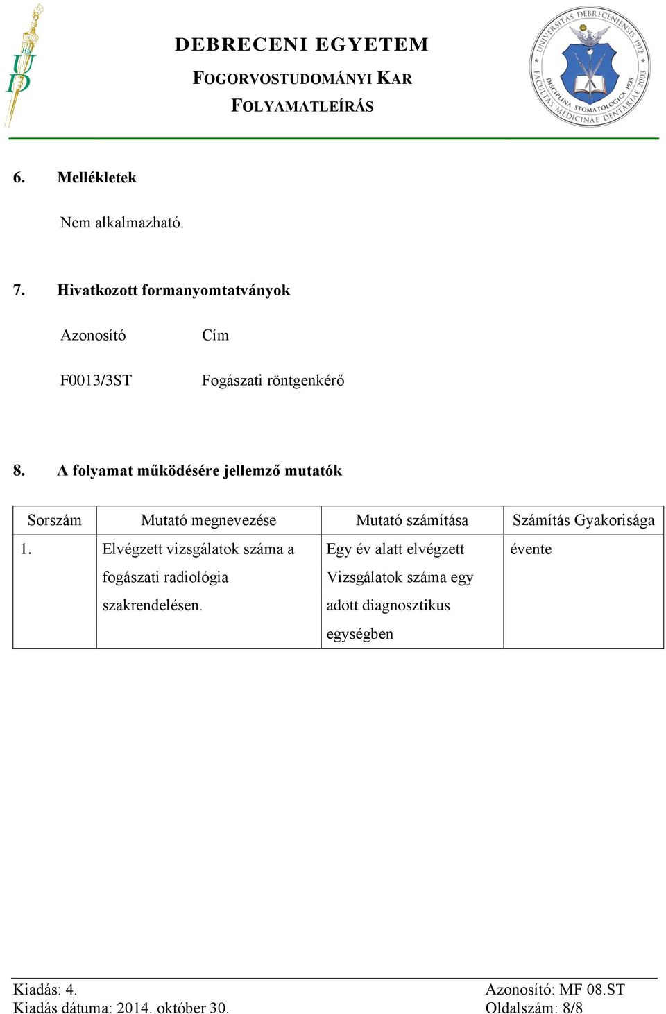 A folyamat működésére jellemző mutatók Sorszám Mutató megnevezése Mutató számítása Számítás Gyakorisága