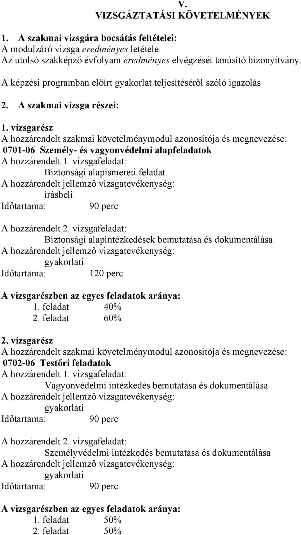 vizsgarész A hozzárendelt szakmai követelménymodul azonosítója és megnevezése: 0701-06 Személy- és vagyonvédelmi alapfeladatok A hozzárendelt 1.