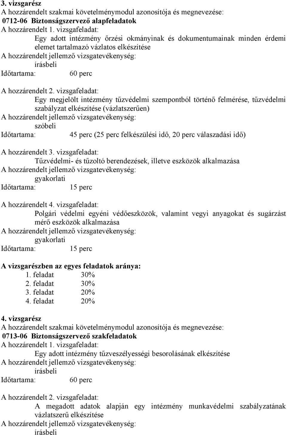 vizsgafeladat: Egy megjelölt intézmény tűzvédelmi szempontból történő felmérése, tűzvédelmi szabályzat elkészítése (vázlatszerűen) szóbeli Időtartama: 45 perc (25 perc felkészülési idő, 20 perc