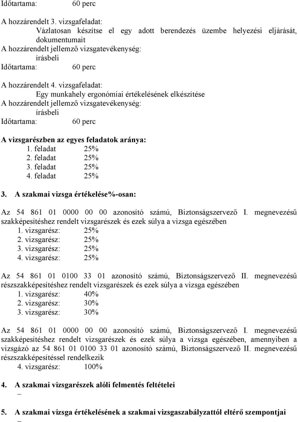 feladat 25% 4. feladat 25% 3. A szakmai vizsga értékelése%-osan: Az 54 861 01 0000 00 00 azonosító számú, iztonságszervező I.