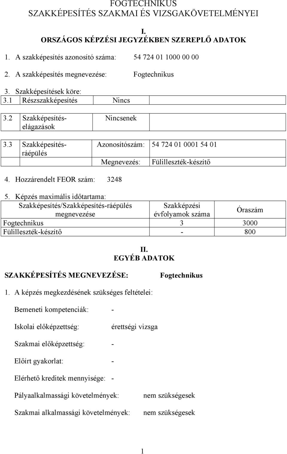 Hozzárendelt FEOR szám: 3248 5. Képzés maximális időtartama: Szakképesítés/Szakképesítés-ráépülés Szakképzési megnevezése évfolyamok száma Óraszám Fogtechnikus 3 3000 Fülilleszték-készítő - 800 II.