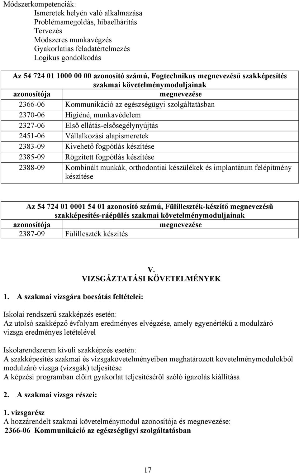 2327-06 Első ellátás-elsősegélynyújtás 2451-06 Vállalkozási alapismeretek 2383-09 Kivehető fogpótlás készítése 2385-09 Rögzített fogpótlás készítése 2388-09 Kombinált munkák, orthodontiai készülékek