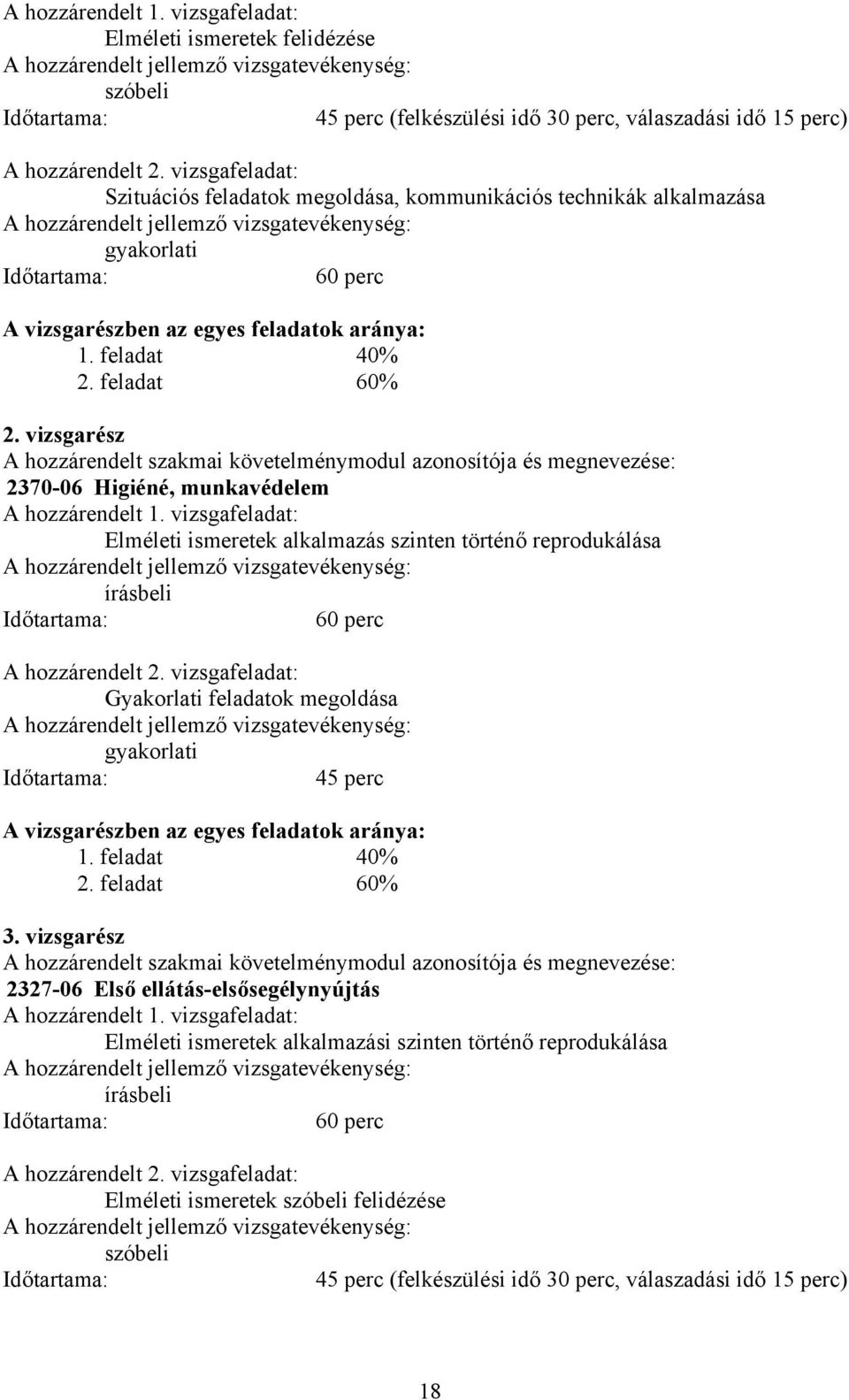 feladat 40% 2. feladat 60% 2. vizsgarész hozzárendelt szakmai követelménymodul azonosítója és megnevezése: 2370-06 Higiéné, munkavédelem hozzárendelt 1.