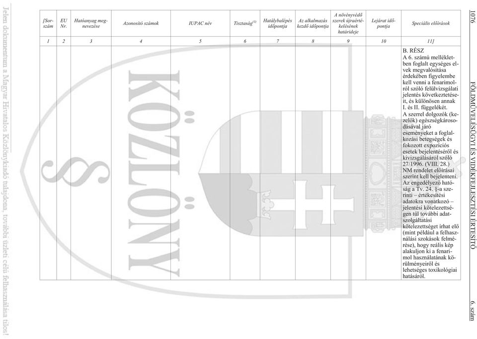 elõírások 1 2 3 4 5 6 7 8 9 10 11] B. RÉSZ A 6.