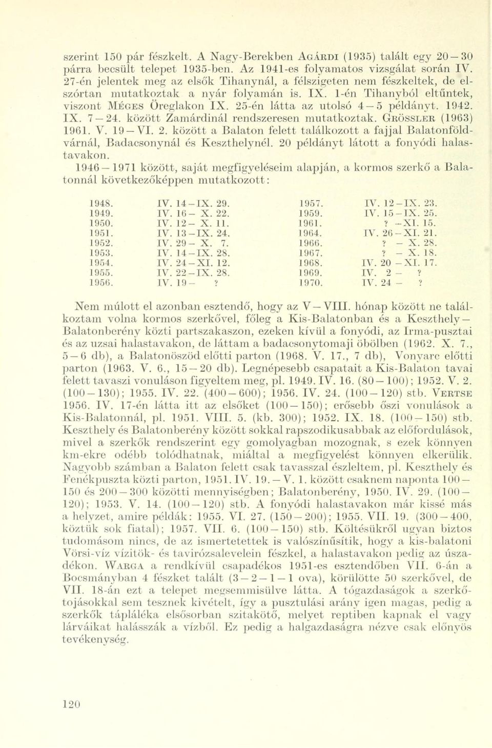 25-én látta az utolsó 4 5 példányt. 1942. IX. 7 24. között Zamárdinál rendszeresen mutatkoztak. GRÖSSLER (1963) 1961. V. 19 VI. 2. között a Balaton felett találkozott a fajjal Balatonföldvárnál, Badacsonynál és Keszthelynél.