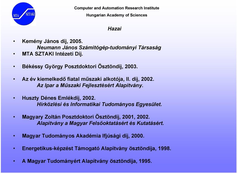 Hírközlési és Informatikai Tudományos Egyesület. Magyary Zoltán Posztdoktori Ösztöndíj, 2001, 2002.