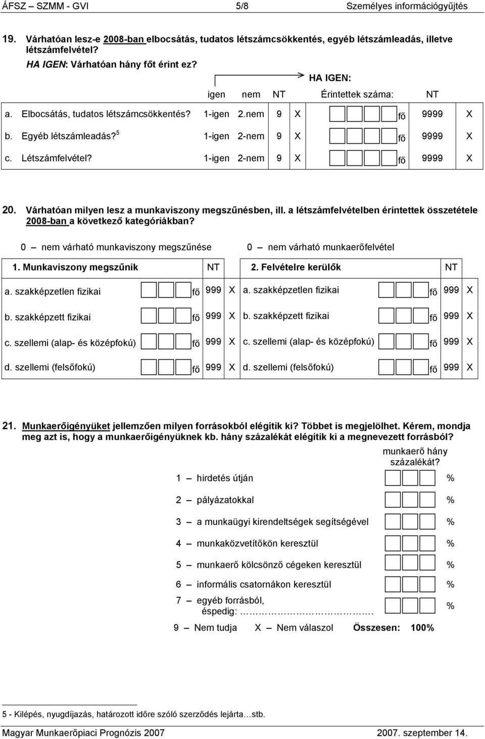 1-igen 2-nem 9 X fő 9999 X 20. Várhatóan milyen lesz a munkaviszony megszűnésben, ill. a létszámfelvételben érintettek összetétele 2008-ban a következő kategóriákban?