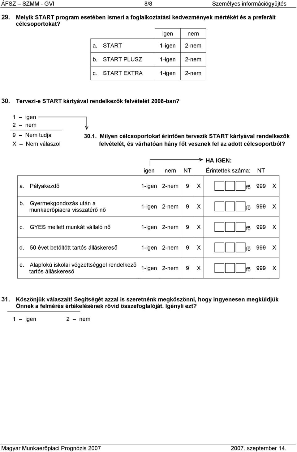 HA IGEN: igen nem NT Érintettek száma: NT a. Pályakezdő 1-igen 2-nem 9 X b. Gyermekgondozás után a munkaerőpiacra visszatérő nő 1-igen 2-nem 9 X c. GYES mellett munkát vállaló nő 1-igen 2-nem 9 X d.