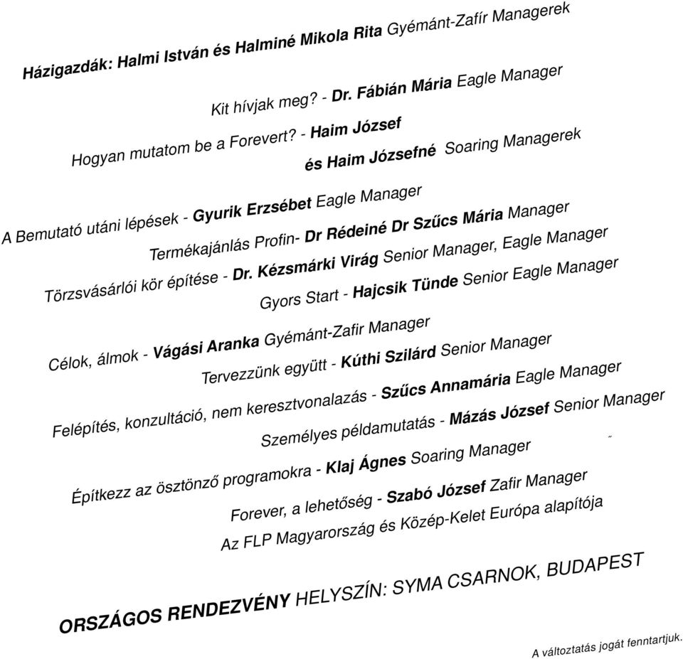 - Haim József és Haim Józsefné Soaring Managerek A Bemutató utáni lépések - Gyurik Erzsébet Eagle Manager Termékajánlás Profin- Dr Rédeiné Dr Szűcs Mária Manager Törzsvásárlói kör építése - Dr.