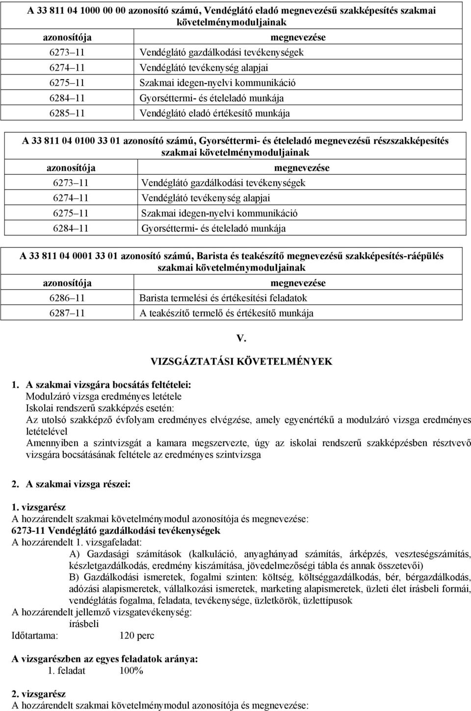 Gyorséttermi- és ételeladó megnevezésű részszakképesítés szakmai követelménymoduljainak azonosítója megnevezése 6273 11 Vendéglátó gazdálkodási tevékenységek 6274 11 Vendéglátó tevékenység alapjai